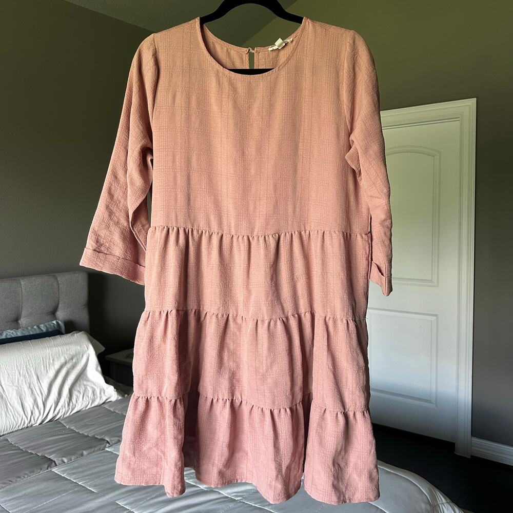 Women's Logenlook Mod Pink 3/4 sleeve short ruffle style dress SZ L flowy comfy
